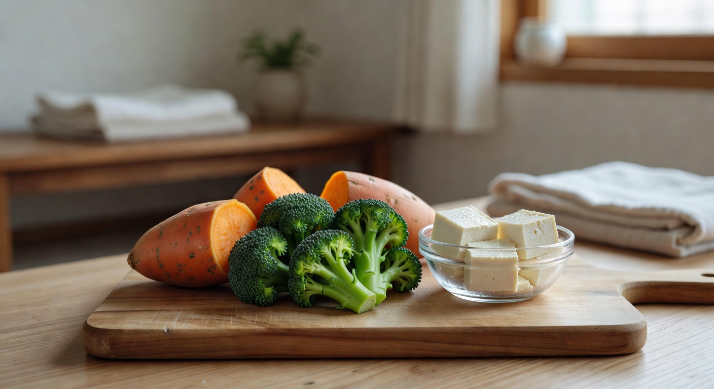 baby food ingredients including sweet potato, broccoli, and soft tofu arranged on wooden cutting board