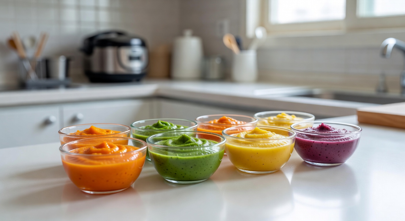 small glass bowls with colorful pureed baby food arranged on a white kitchen counter