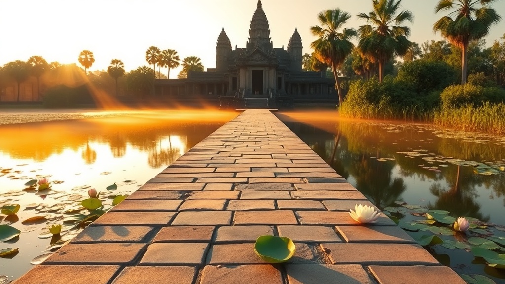 Chaussée d'accès à Angkor Vat au lever du soleil, reflets sur les douves