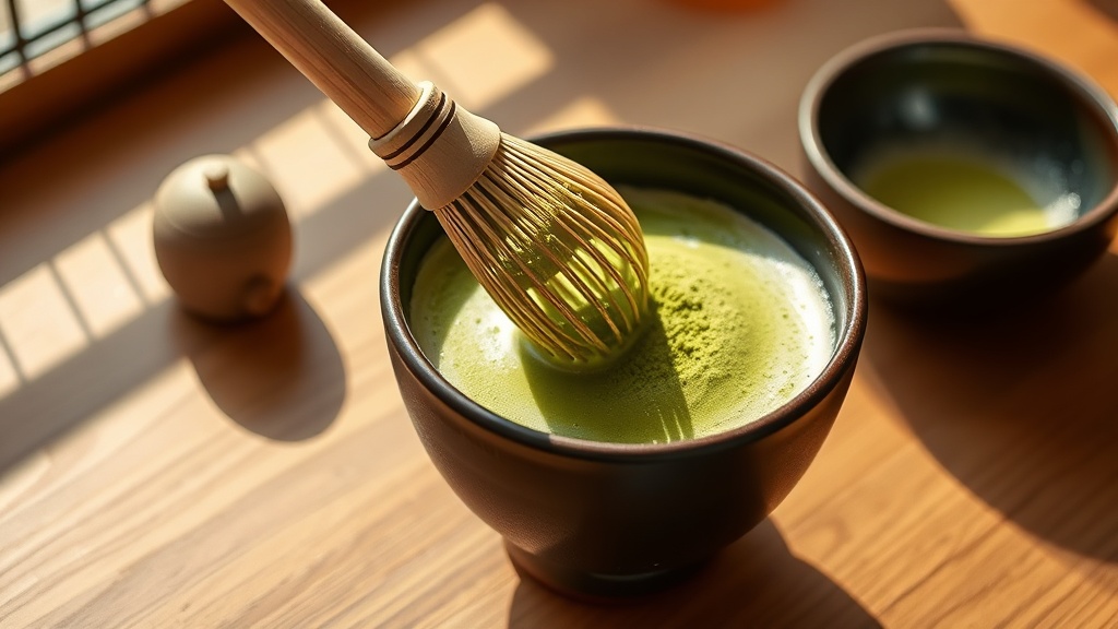 Préparation d'un matcha au fouet chasen dans un bol chawan dans un salon de thé japonisant à Montpellier