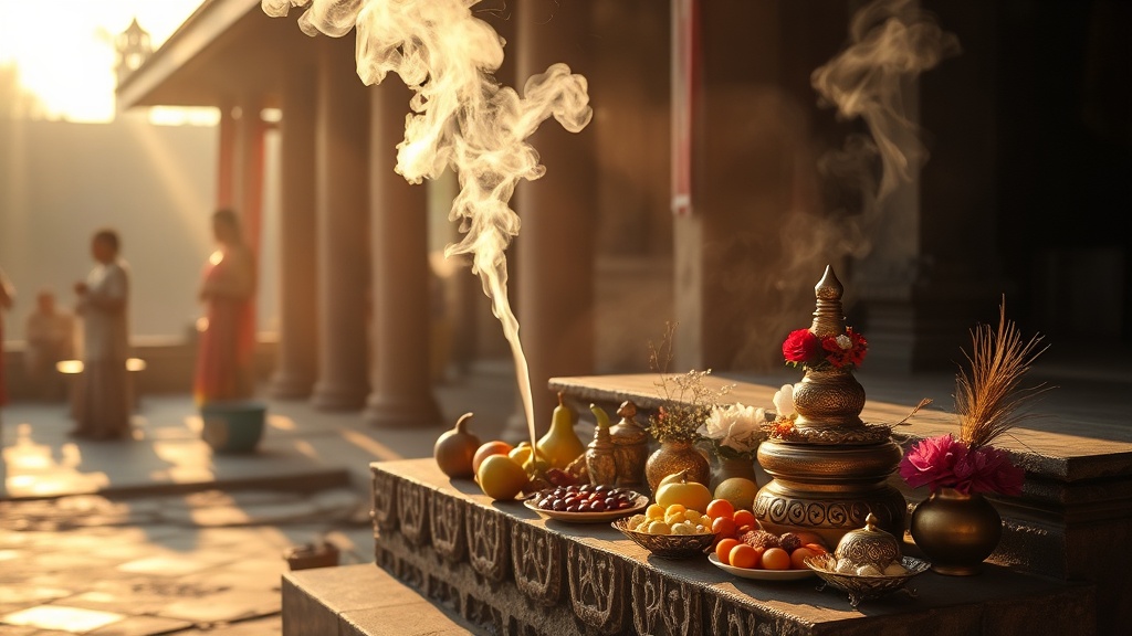 Offrandes et fumée d'encens sur les marches d'un temple cambodgien lors d'une cérémonie bouddhiste à l'aube