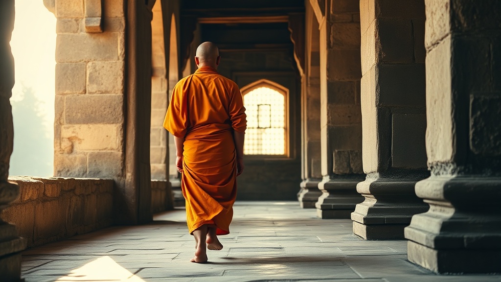 Moine bouddhiste en robe safran dans une galerie du temple d'Angkor Vat