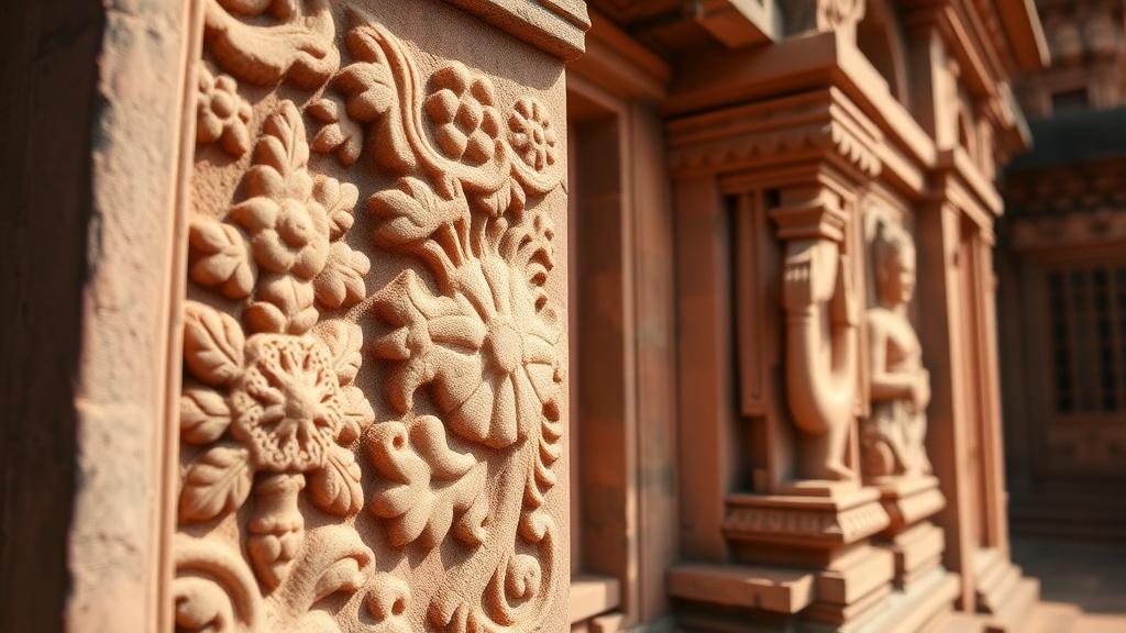 Sculptures en grès rose finement ciselées sur les parois du temple de Banteay Srei, Angkor