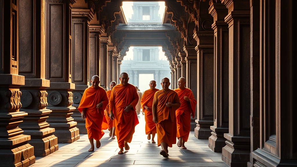 Moines bouddhistes en robe safran marchant dans un couloir de temple khmer au Cambodge