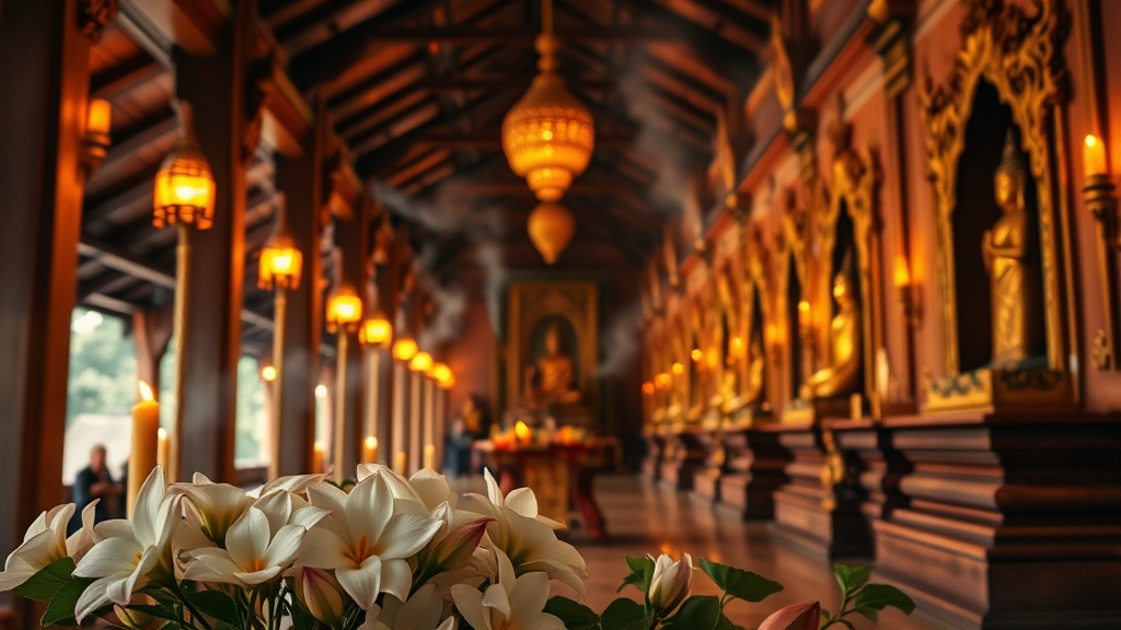 Galerie de déambulation intérieure de la pagode Sule avec autels bouddhistes et offrandes de lotus