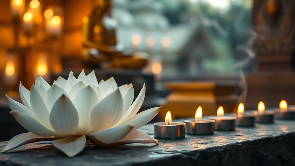 Offrandes de fleurs de lotus et bougies votives devant un autel bouddhiste à la pagode Sule
