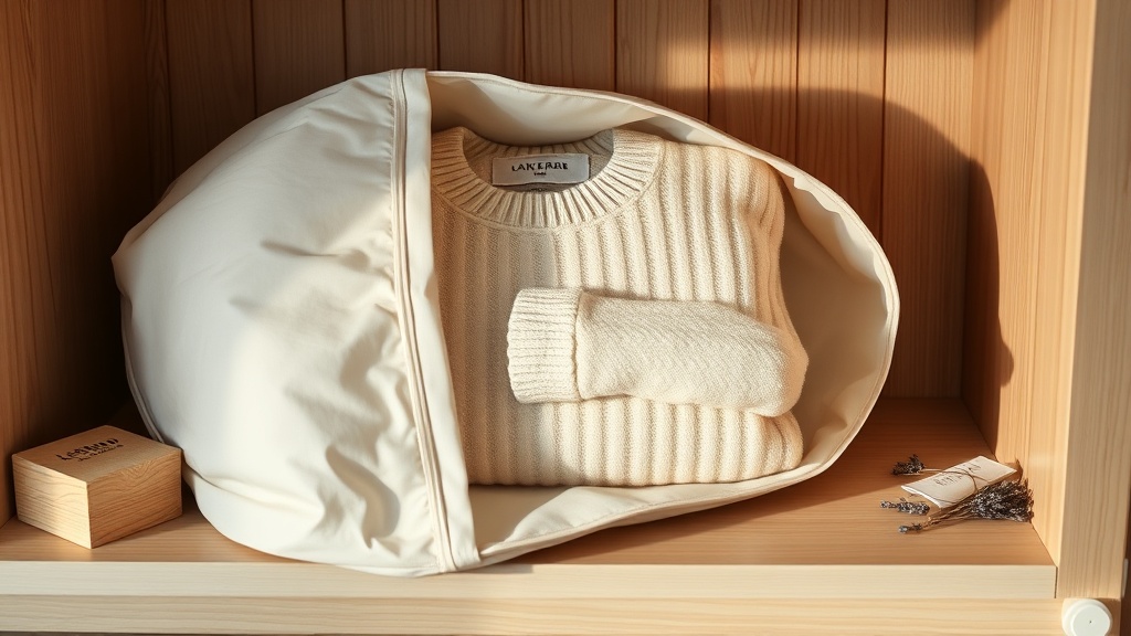 A folded cashmere sweater stored flat in a breathable cotton bag with cedar and lavender on a wooden shelf
