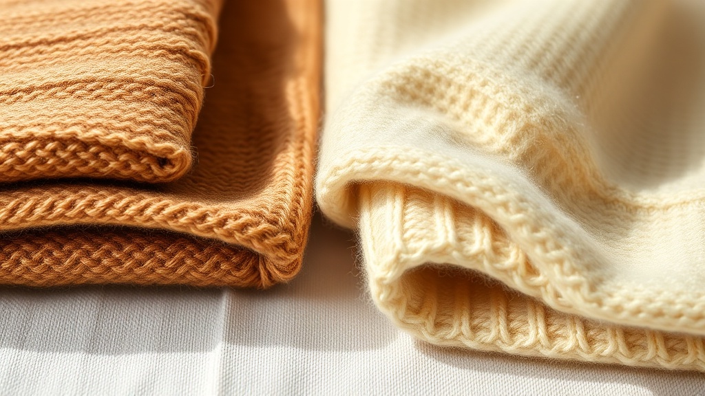 Two cashmere knit swatches side by side showing difference in fiber density and yarn twist