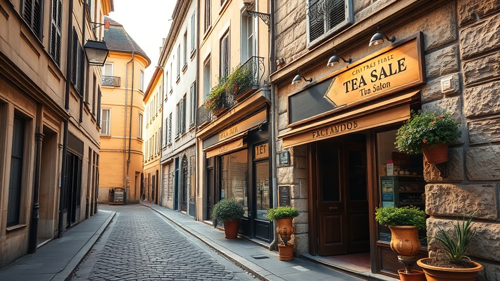Rue pavée des Chartrons à Bordeaux avec une devanture de salon de thé en pierre blonde