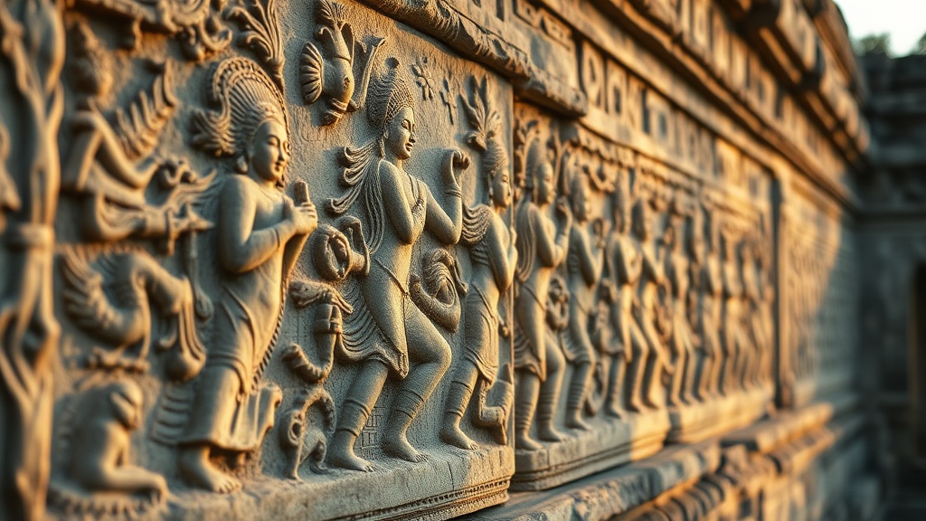 Bas-reliefs en grès khmer du XIIe siècle sur les galeries de Banteay Chhmar, représentant des scènes de bataille et des apsaras