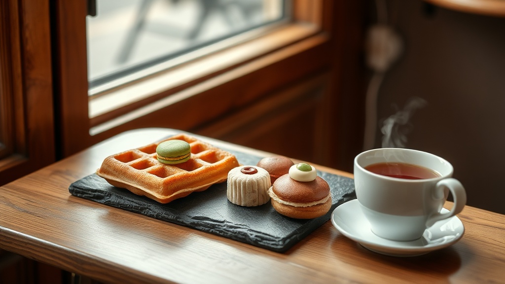 Assiette de pâtisseries nordiques avec gaufre et tarte maison dans un salon de thé lillois