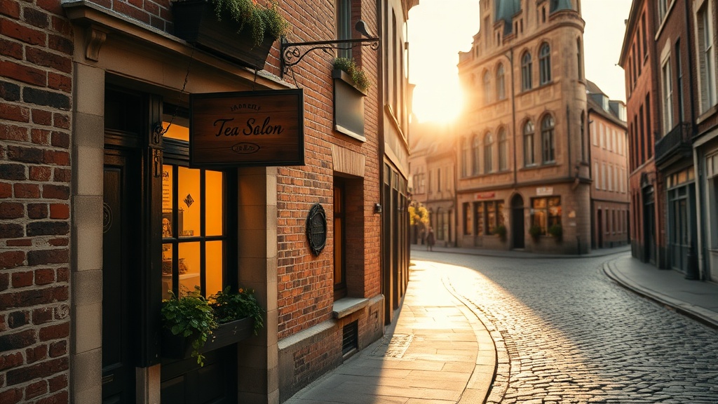 Ruelle pavée du Vieux-Lille avec façades flamandes en briques rouges et devanture d'un salon de thé