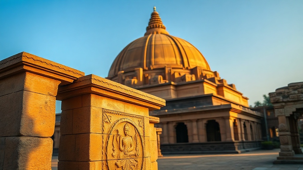Detail of carved sandstone gateway pillar at the ancient Sanchi Stupa, India, lit by warm afternoon light