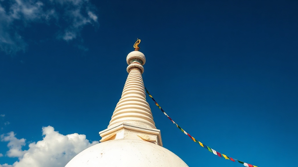 Whitewashed Tibetan chorten with thirteen-ringed spire and prayer flags against a clear blue Himalayan sky