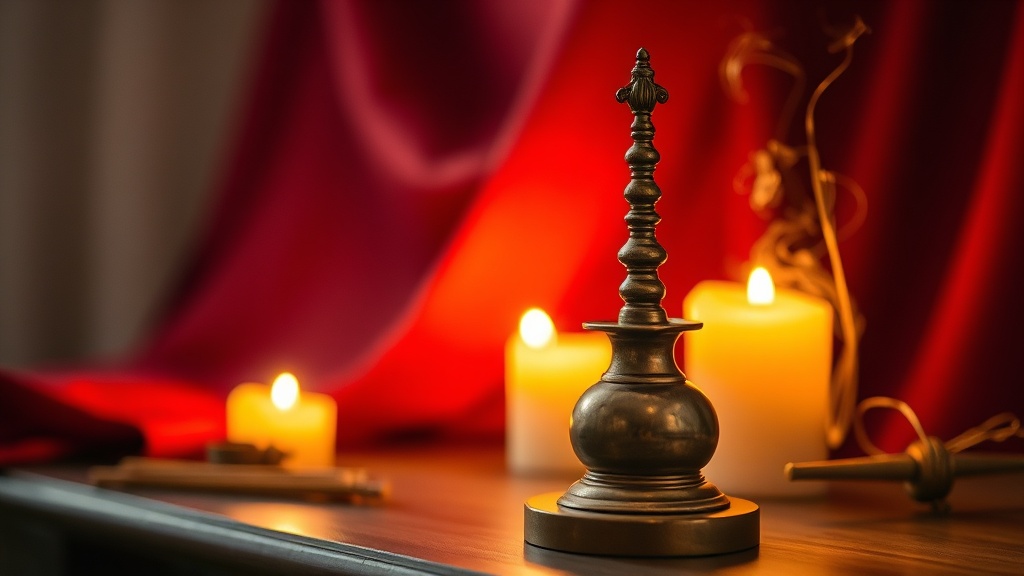 Small bronze Tibetan chorten on a wooden home altar with candlelight and wisps of incense smoke
