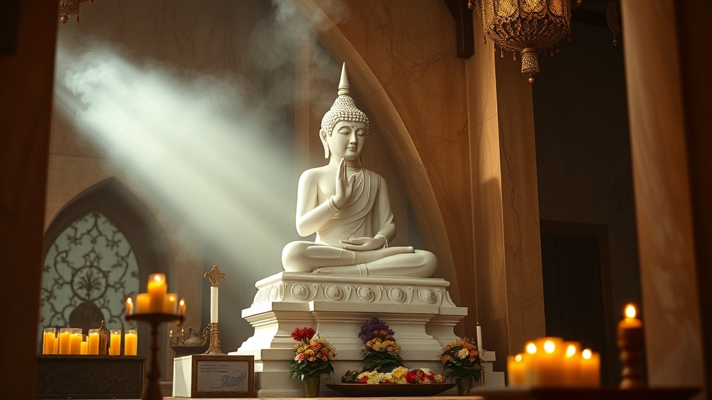 Statue de Bouddha en marbre blanc dans la salle de prière intérieure de la pagode Uppatasanti