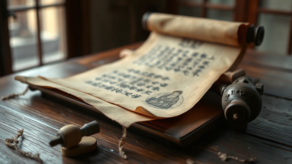 Ancient Chinese Buddhist manuscript scroll with faded ink calligraphy and devotional bodhisattva illustration on a wooden table