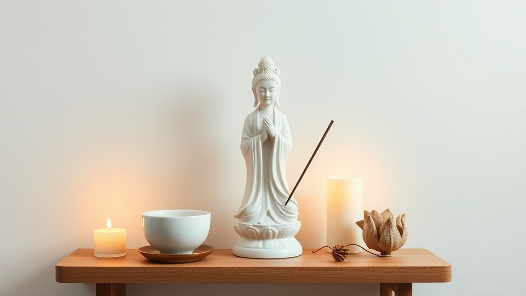 Small home altar with white Guanyin figurine, ceramic water offering, incense holder, and dried lotus pod on a wooden shelf