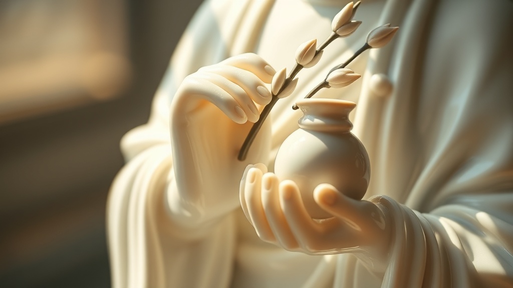Close-up of white porcelain Guanyin statue hands holding a willow branch and a small vase, Dehua-style ivory glaze