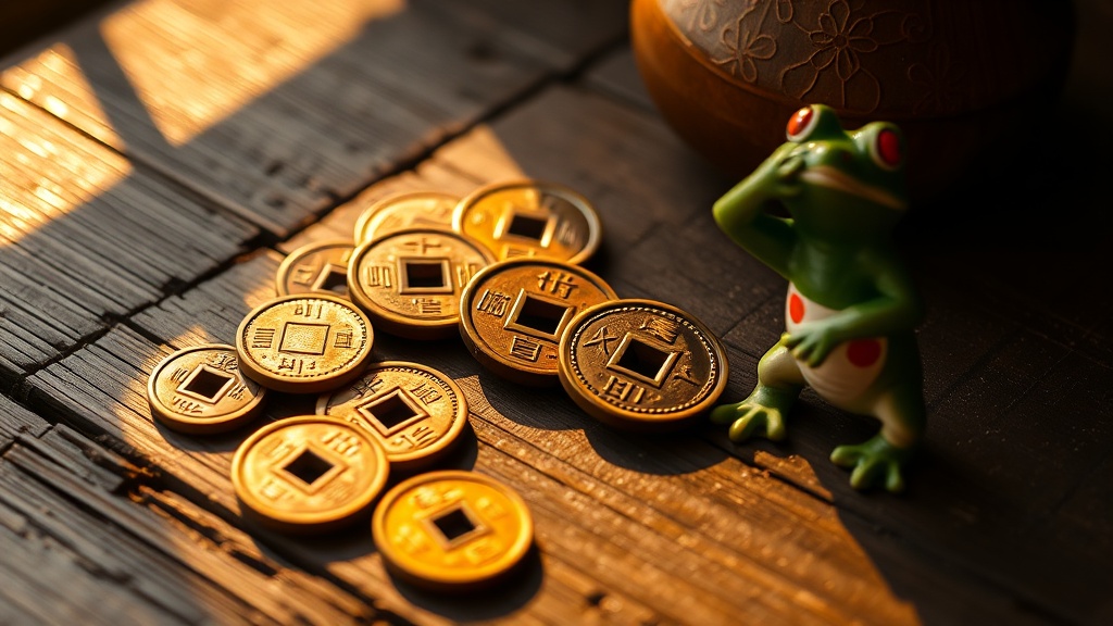 Antique Chinese coins with square holes arranged beside a traditional Chan Chu three-legged toad figurine on dark wood