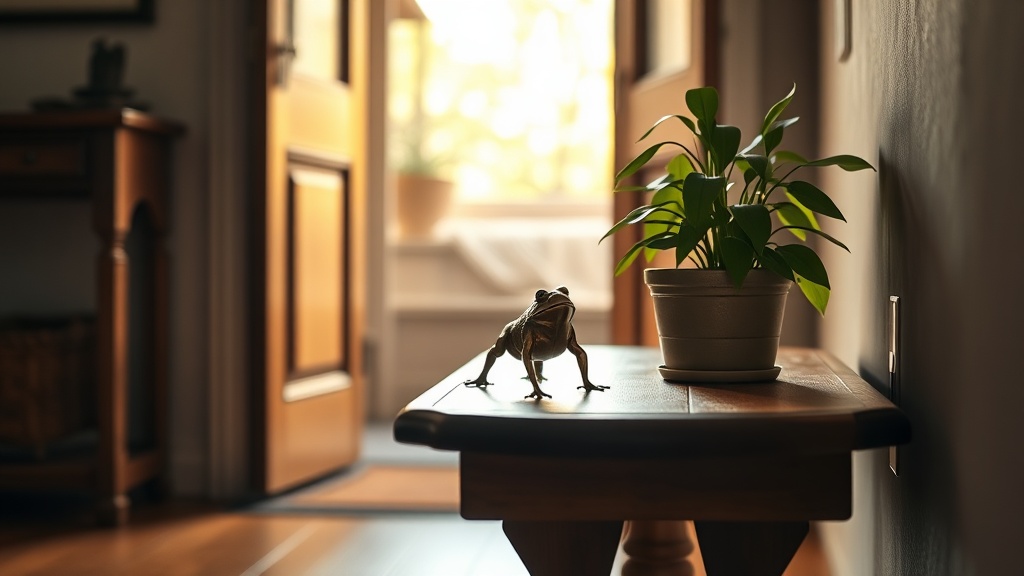 Small brass money frog figurine placed on a low wooden console near a home entrance, facing inward