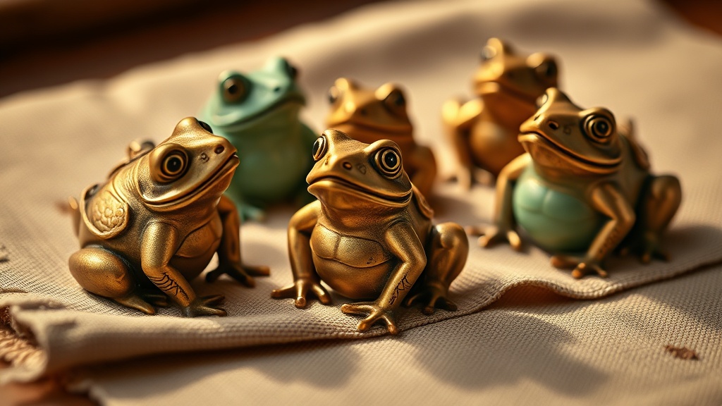 Money frog figurines in brass, resin, and ceramic arranged on natural linen, showing material and finish variations
