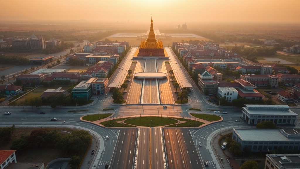 Vue panoramique de Naypyidaw avec la pagode Uppatasanti visible à l'horizon