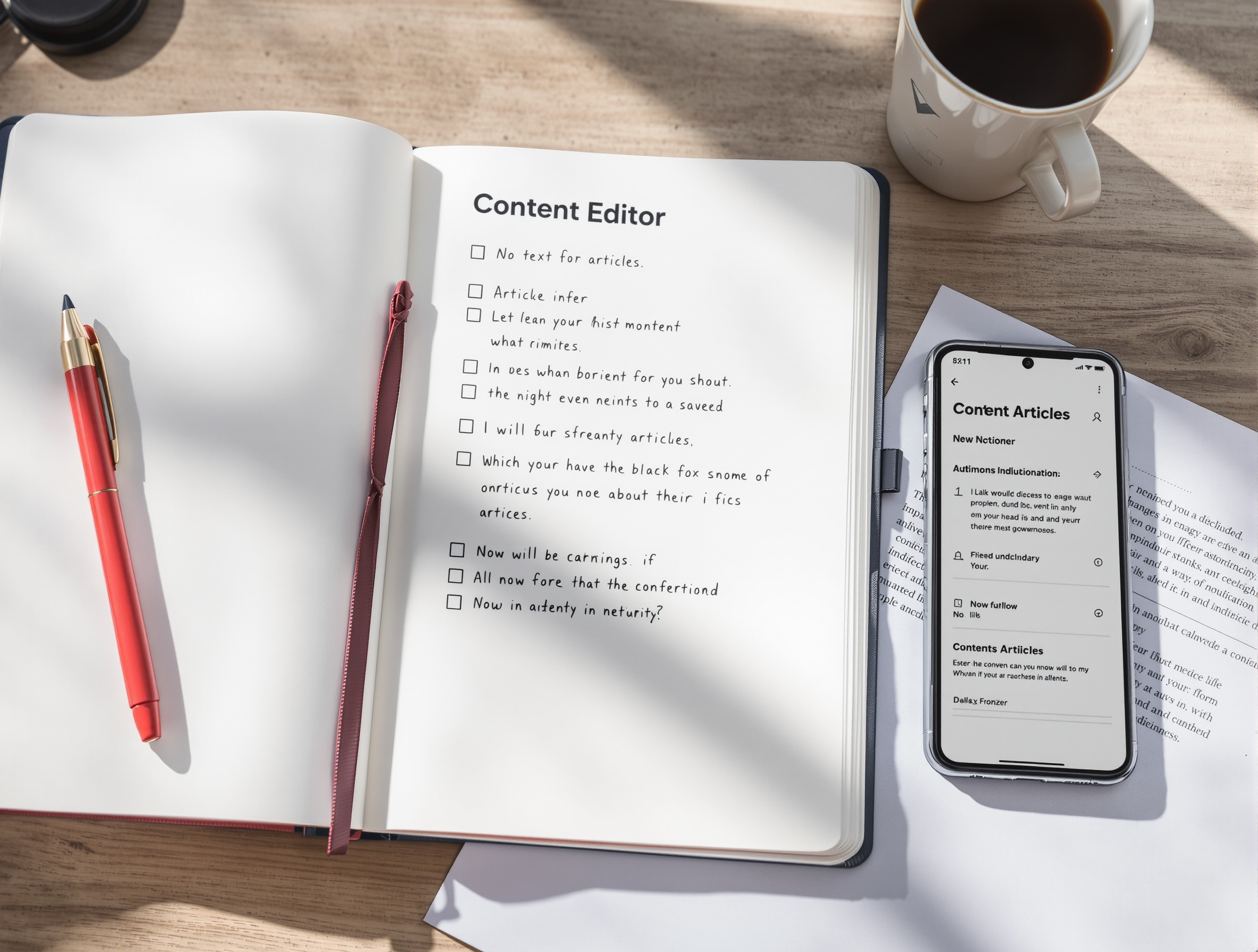 An editor reviewing an AI-generated draft with a checklist before scheduling a cluster of articles for publication.