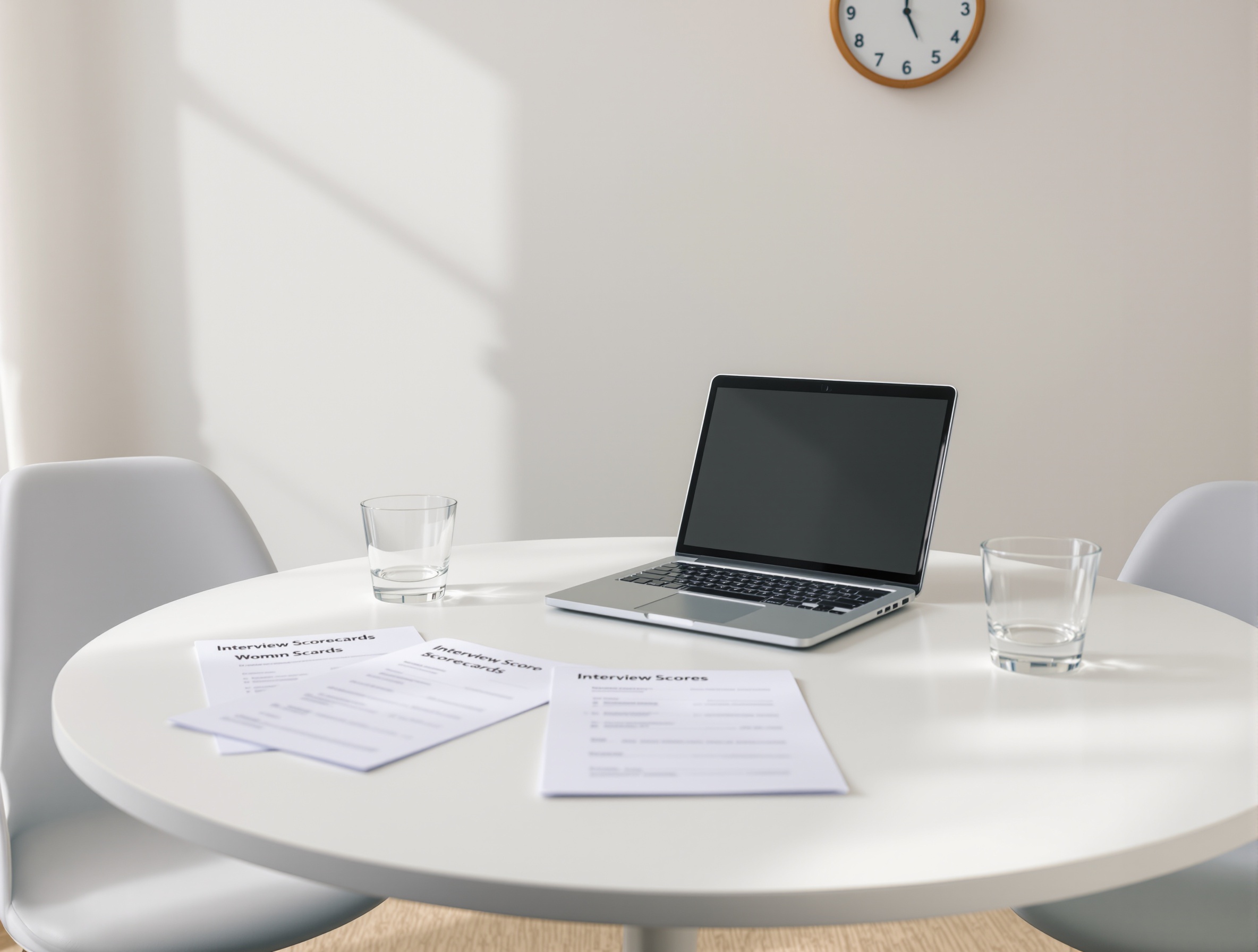 A structured hiring debrief meeting with printed scorecards on a table