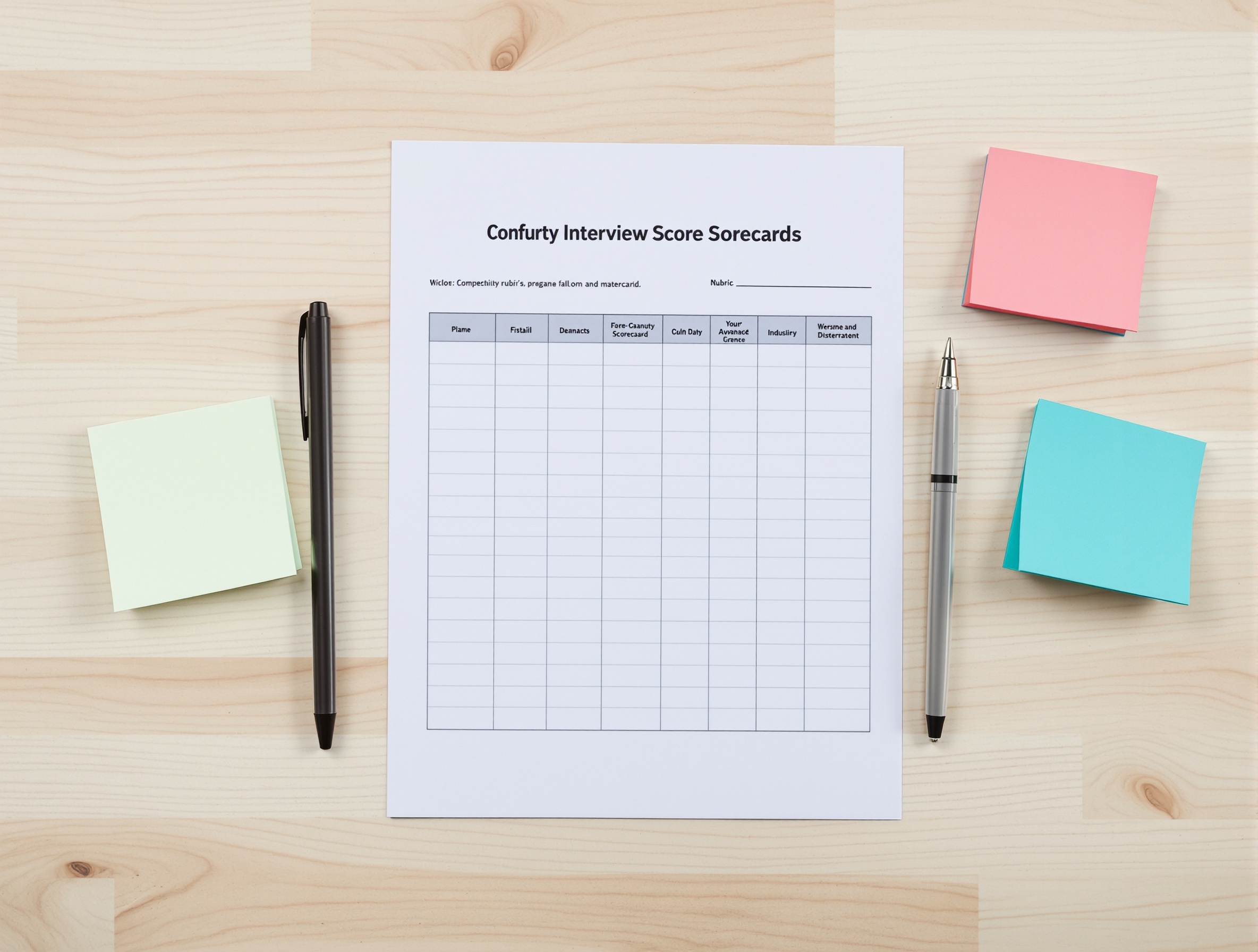 Printed competency rubric and interview scorecard materials laid out on a desk for evidence-based interviewing