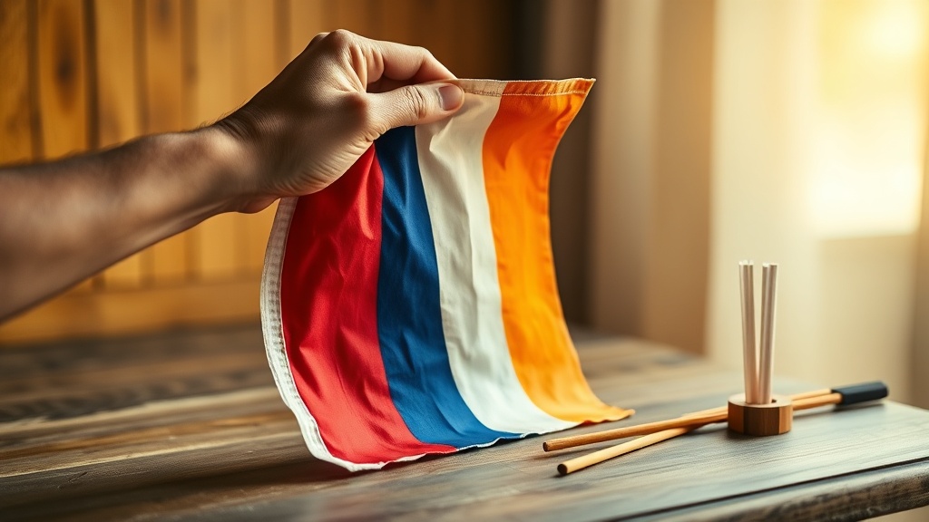 Drapeau bouddhiste aux cinq couleurs symboliques déployé sur une surface en bois