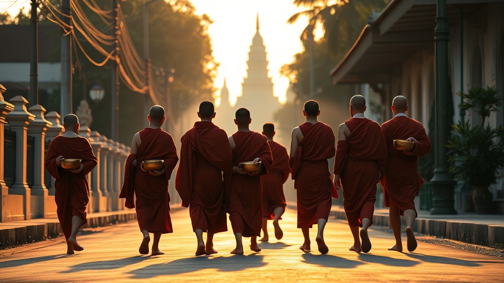 Rangée de moines bouddhistes effectuant leur ronde d'aumônes à l'aube dans une rue thaïlandaise