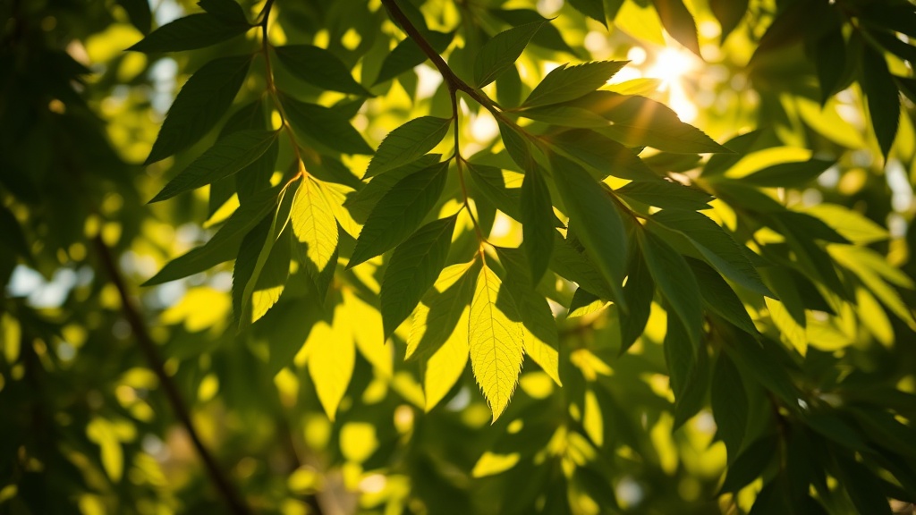 Feuilles de l'arbre de la Bodhi baignées de lumière dorée, symbole de l'Éveil du Bouddha