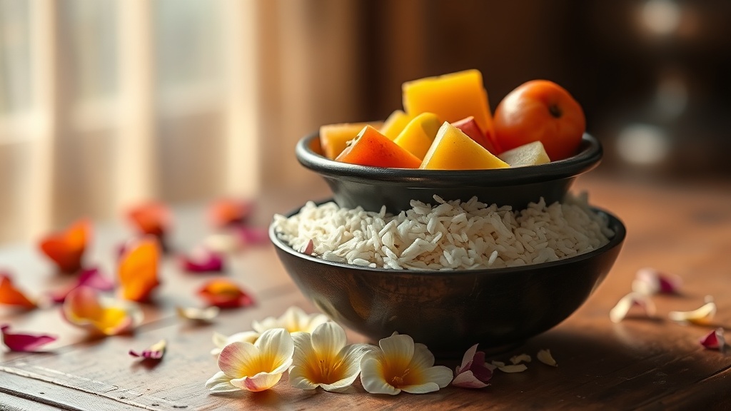 Offrandes de riz et de fruits déposées dans un bol à aumône bouddhiste en acier