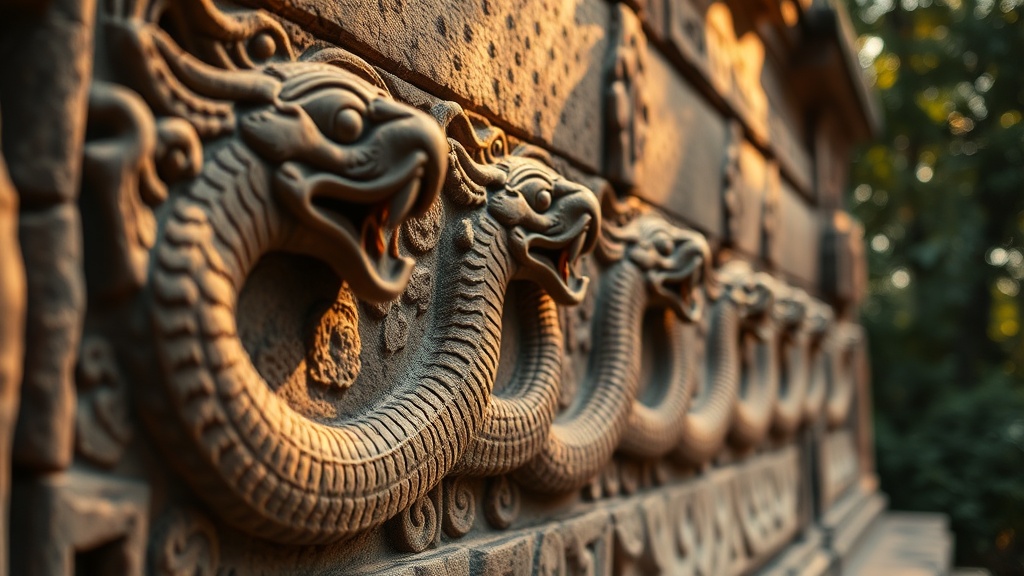 Détail d'un nāga en grès khmer à l'entrée de Preah Vihear, symbole du passage entre monde profane et sacré