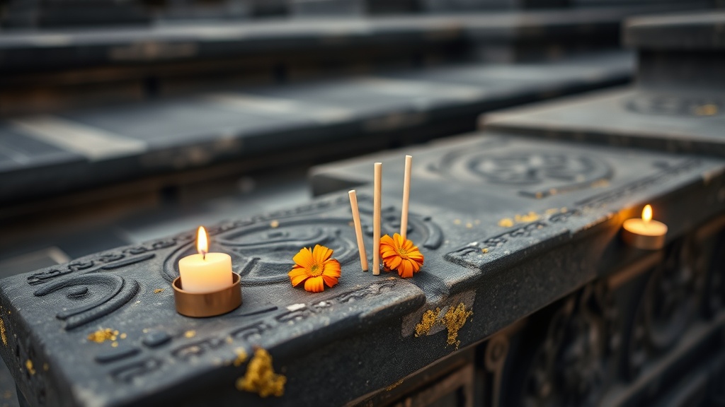 Offrandes de fleurs et d'encens déposées sur les marches d'un sanctuaire khmer lors d'une fête traditionnelle