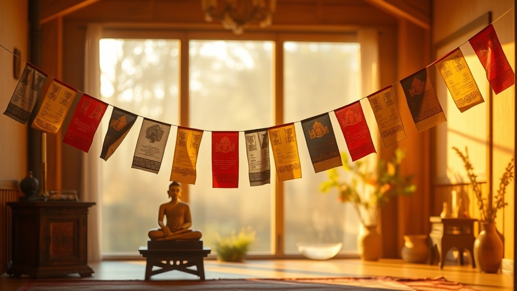 Drapeaux bouddhiques suspendus dans un espace de méditation avec statue de Bouddha et encens