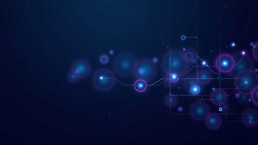 Dark navy background with overlapping translucent circular nodes connected by glowing cyan lines, representing automated