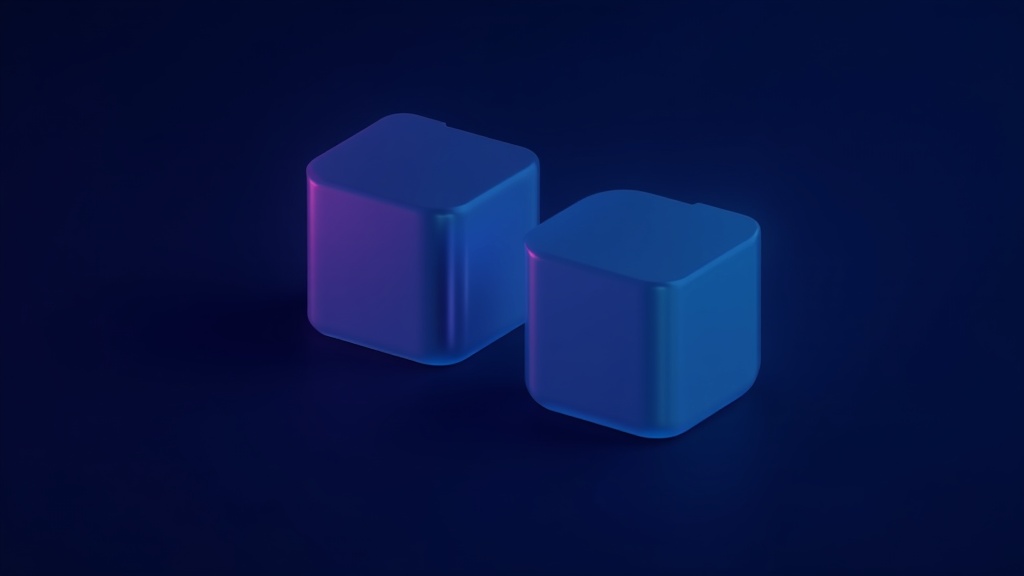 Minimalist composition of three synchronized geometric blocks in dark navy with cyan and violet gradient edges, suggesti