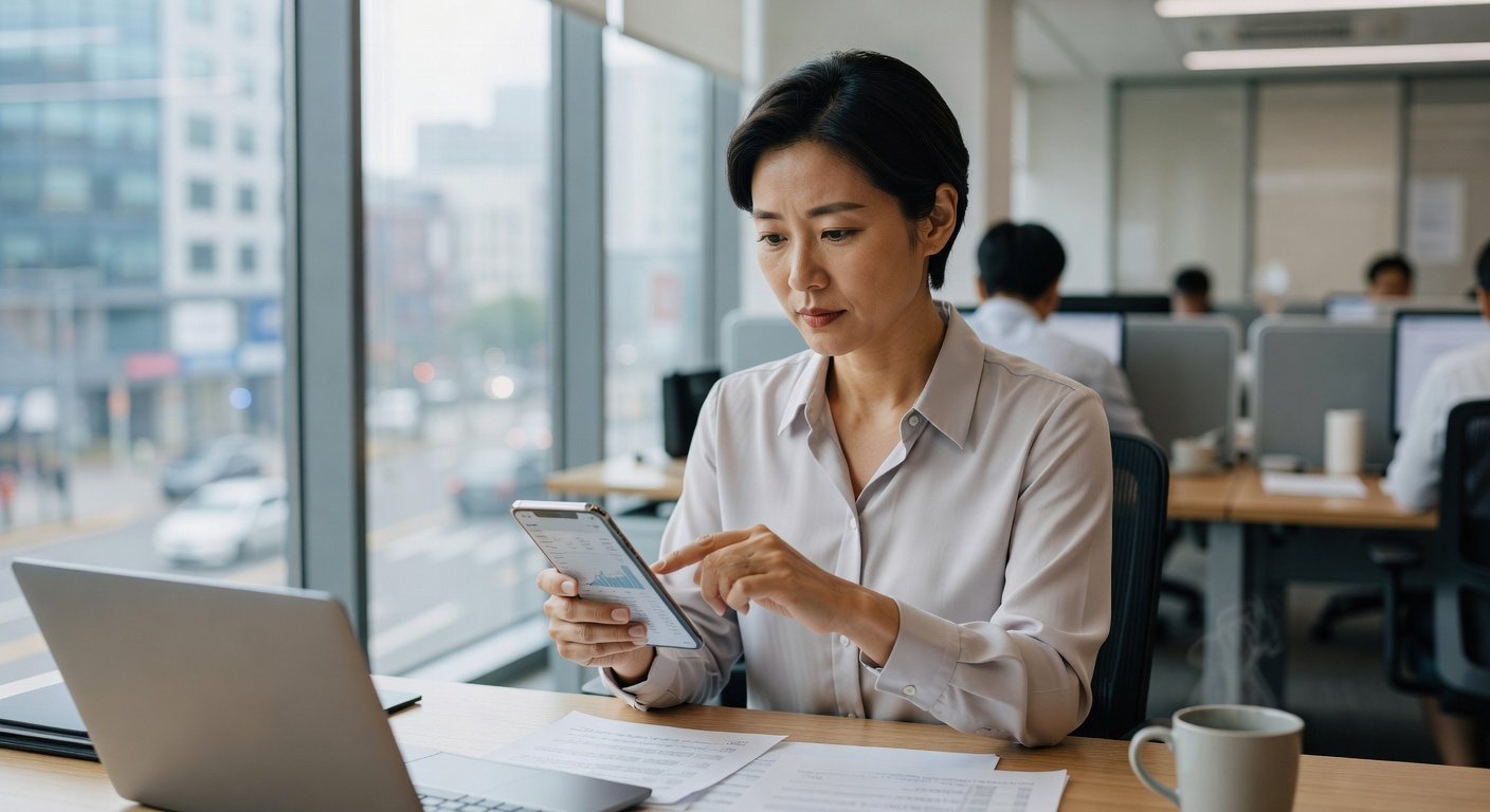 Korean woman in her 30s, short black hair, reviewing financial documents on a smartphone while seated at a desk