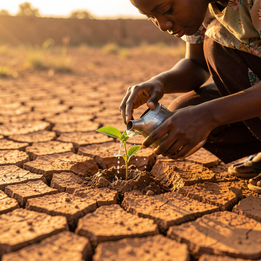 Young woman planting seedling in dry earth
