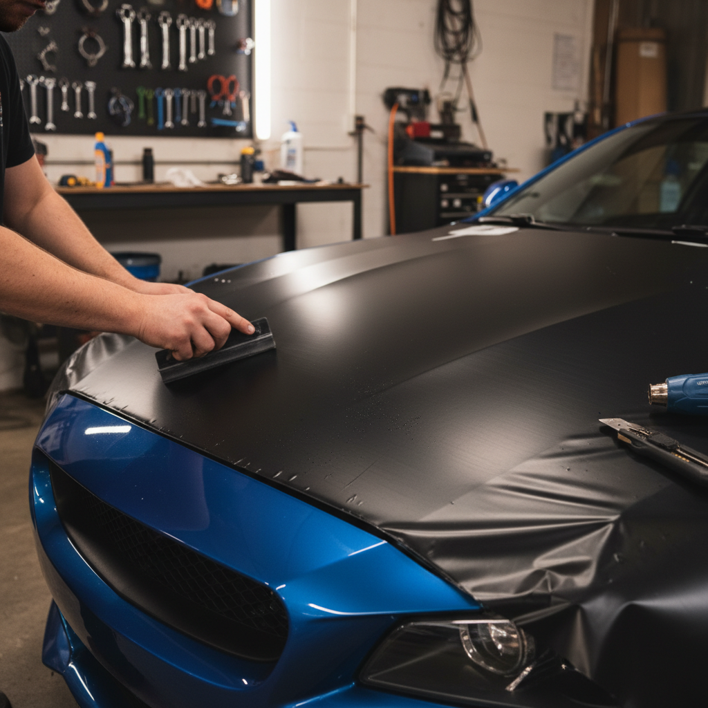 Vinyl wrap application detail with squeegee