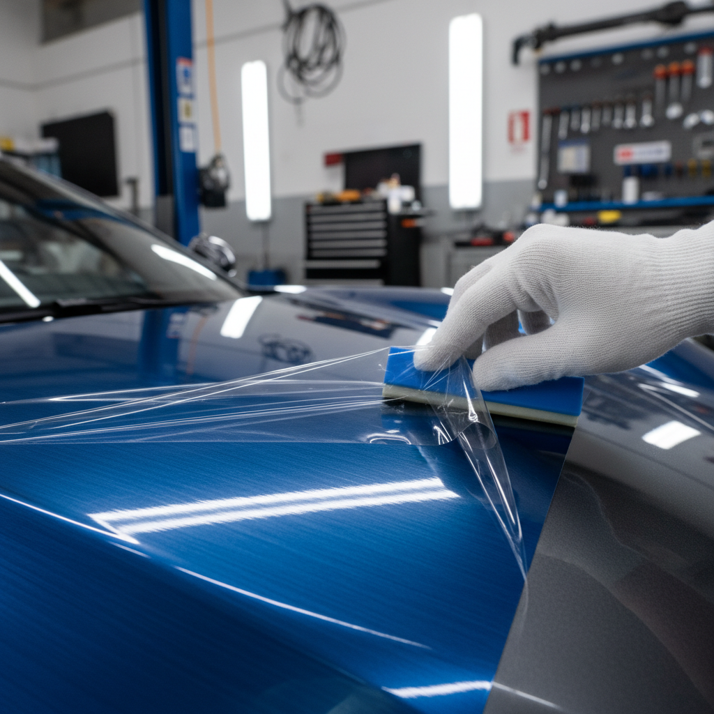 Professional hand applying vinyl wrap film to car panel