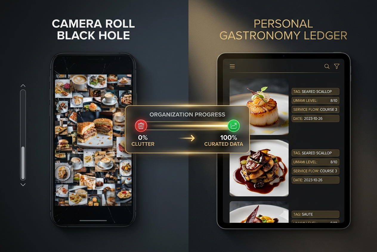A comparison showing a cluttered smartphone camera roll versus a sleek, organized dark-mode personal gastronomy ledger app with meal data.