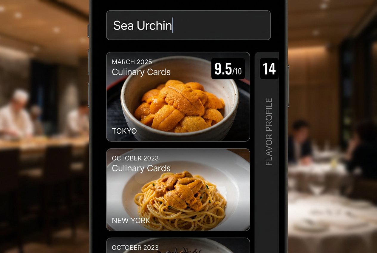 A smartphone UI showing a search for Sea Urchin within a private food diary app, displaying organized results from different years and cities.