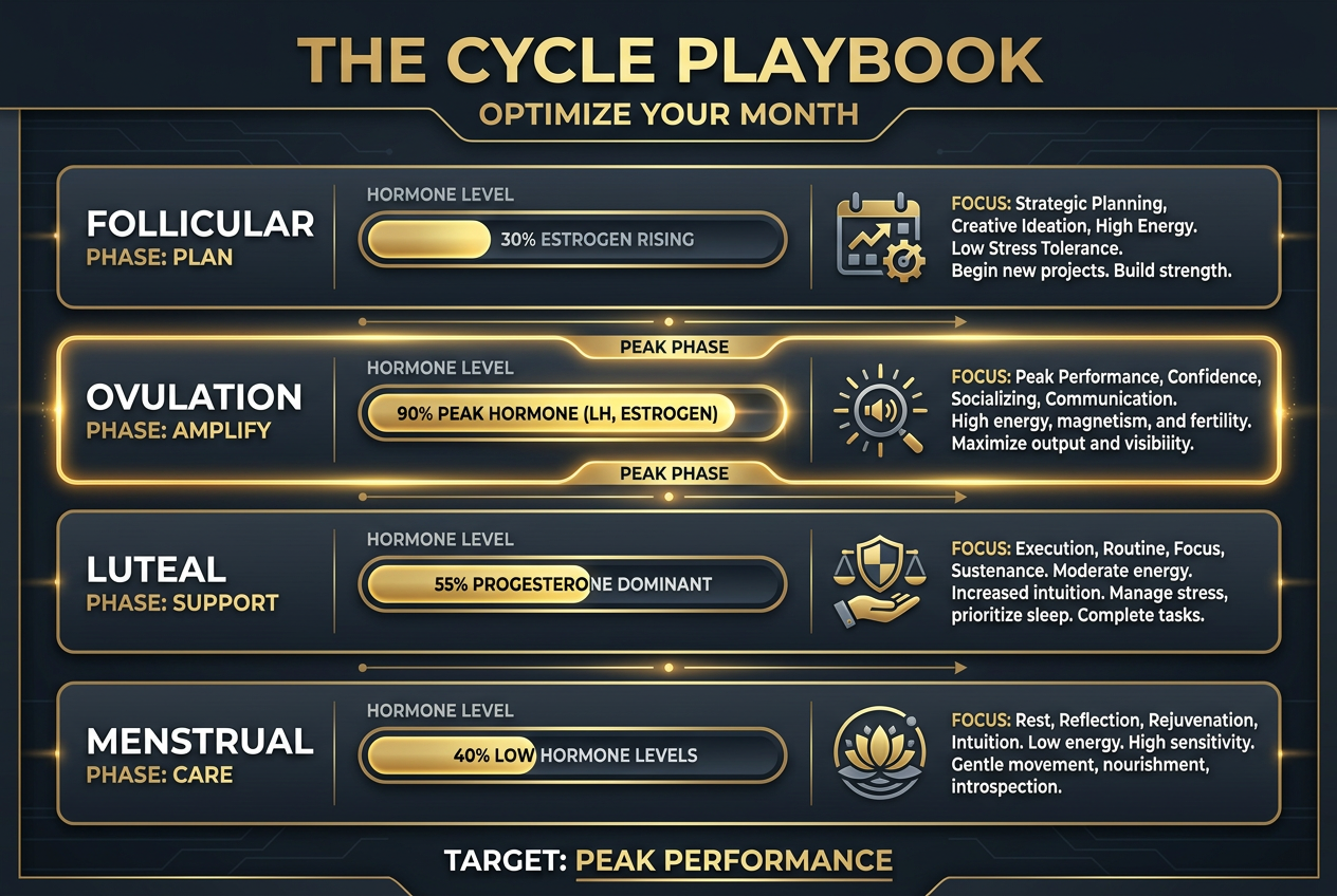A four-phase relationship guide for men showing the cycle phases from Follicular to Menstrual, highlighting the Ovulation phase as the Amplify phase.