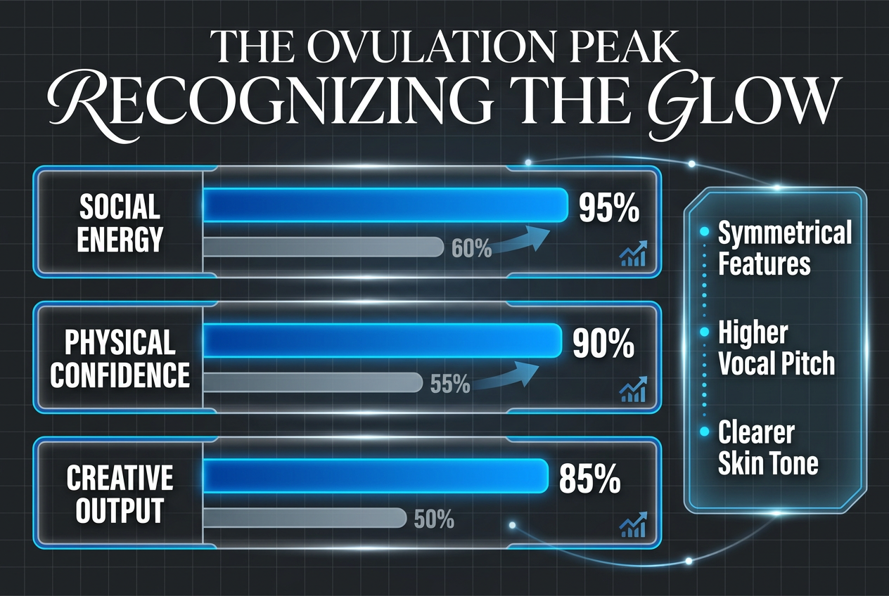 Infographic showing the increase in social energy, physical confidence, and creativity during a woman’s ovulation phase compared to baseline levels.