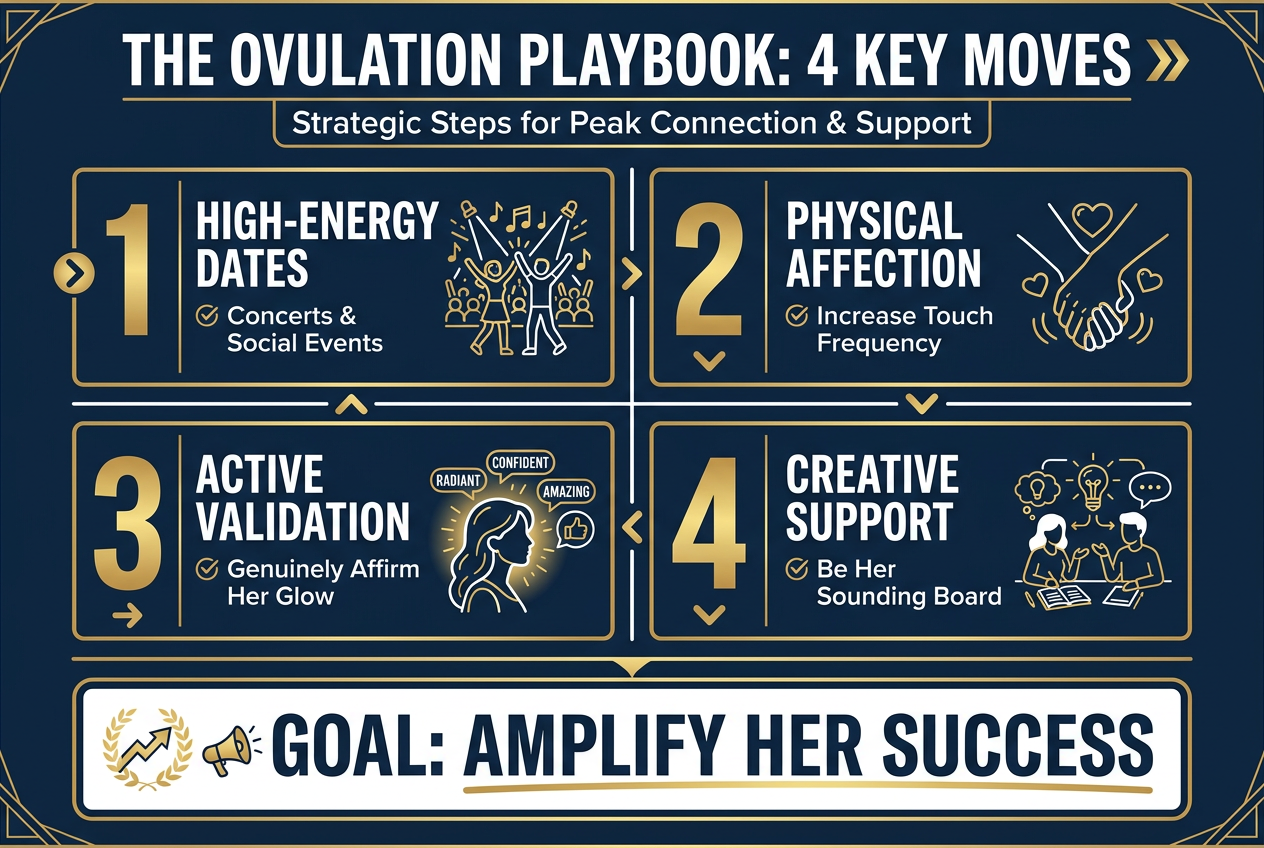 A 4-step action plan for men during their partner’s ovulation, featuring date planning, physical touch, validation, and creative support.