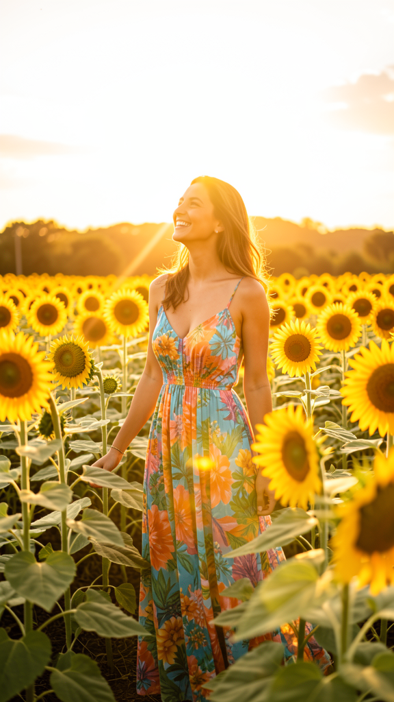 Tania in a sunflower field at golden hour