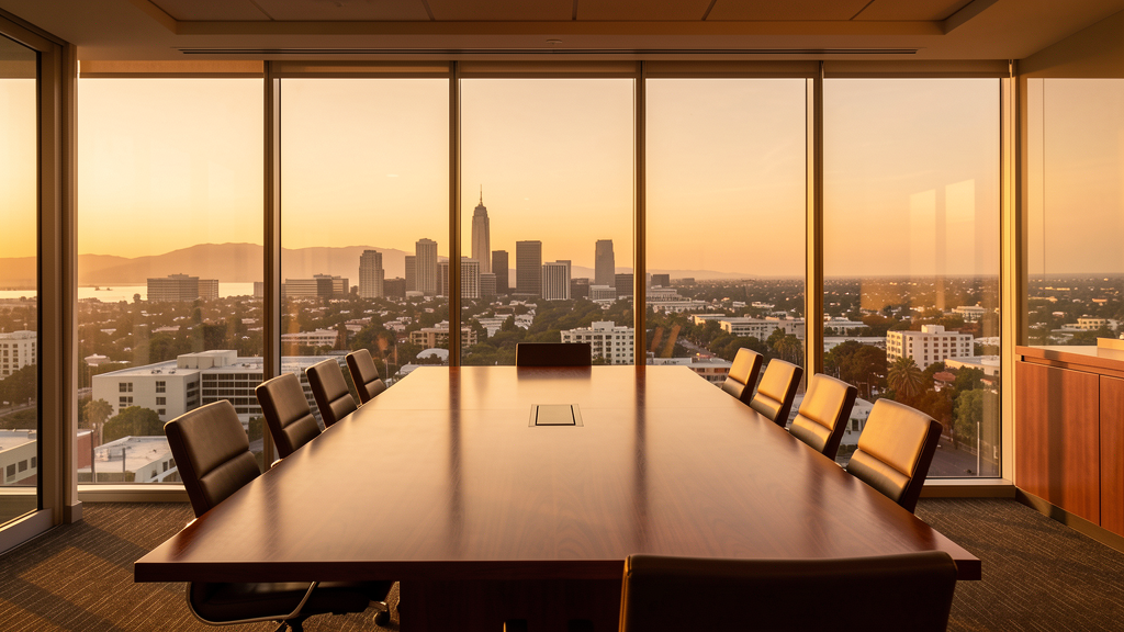 Los Angeles skyline viewed through a professional conference room